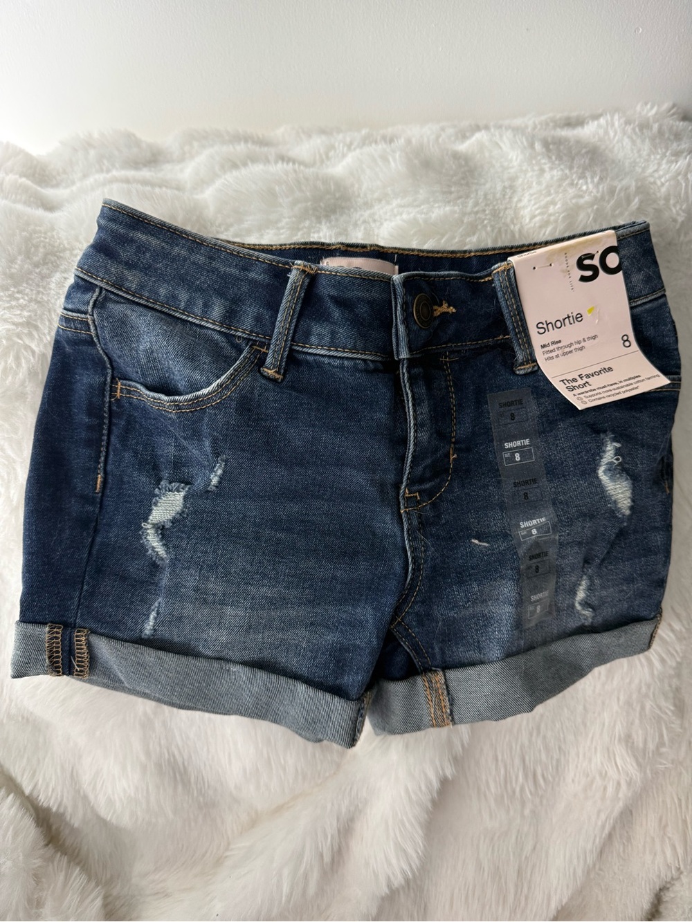 SO Dark Wash Distressed Denim Shorties - Blue